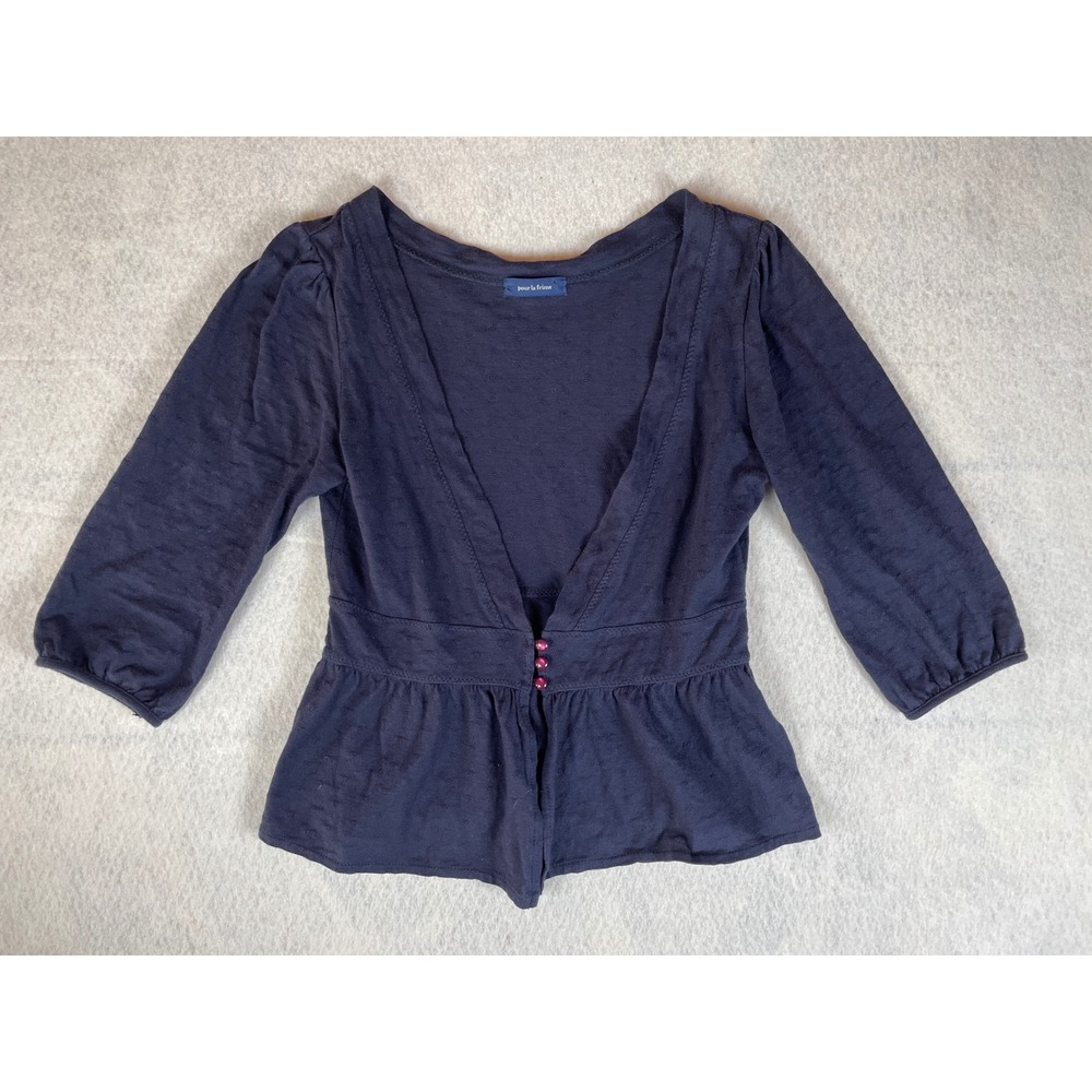 Pour La Frime Navy Blue Pointelle Peplum Cardigan 3/4 Sleeve Cotton V-Neck‎ Top